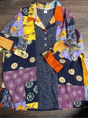 Koret City Blues Patchwork Button-Up in Navy, Orange & Cream